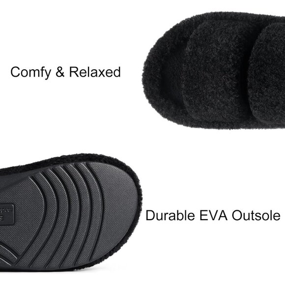 Women's Fuzzy Moderate Arch Support Open Toe Cozy Bedroom Black Slippers  Shoes - Picture 5 of 6